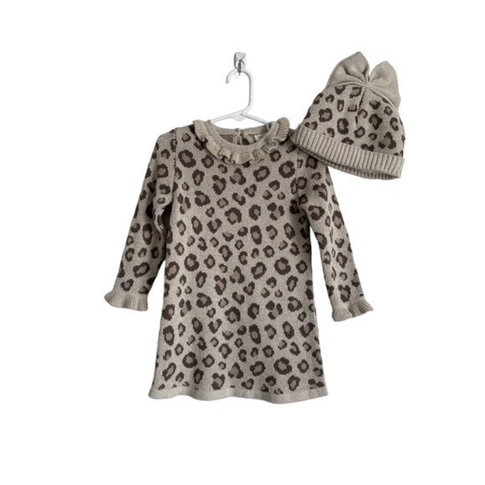 Rachel Zoe tan leopard print sweater dress w/ matching hat ruffles Size 24 mo